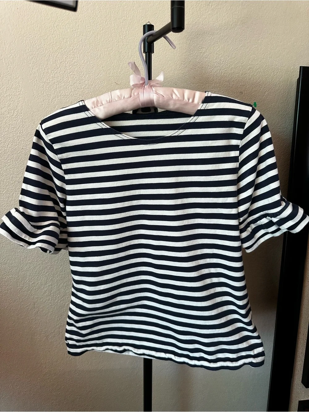 J. Crew blue & White Striped Short Sleeve Ruffle-Sleeve Tee